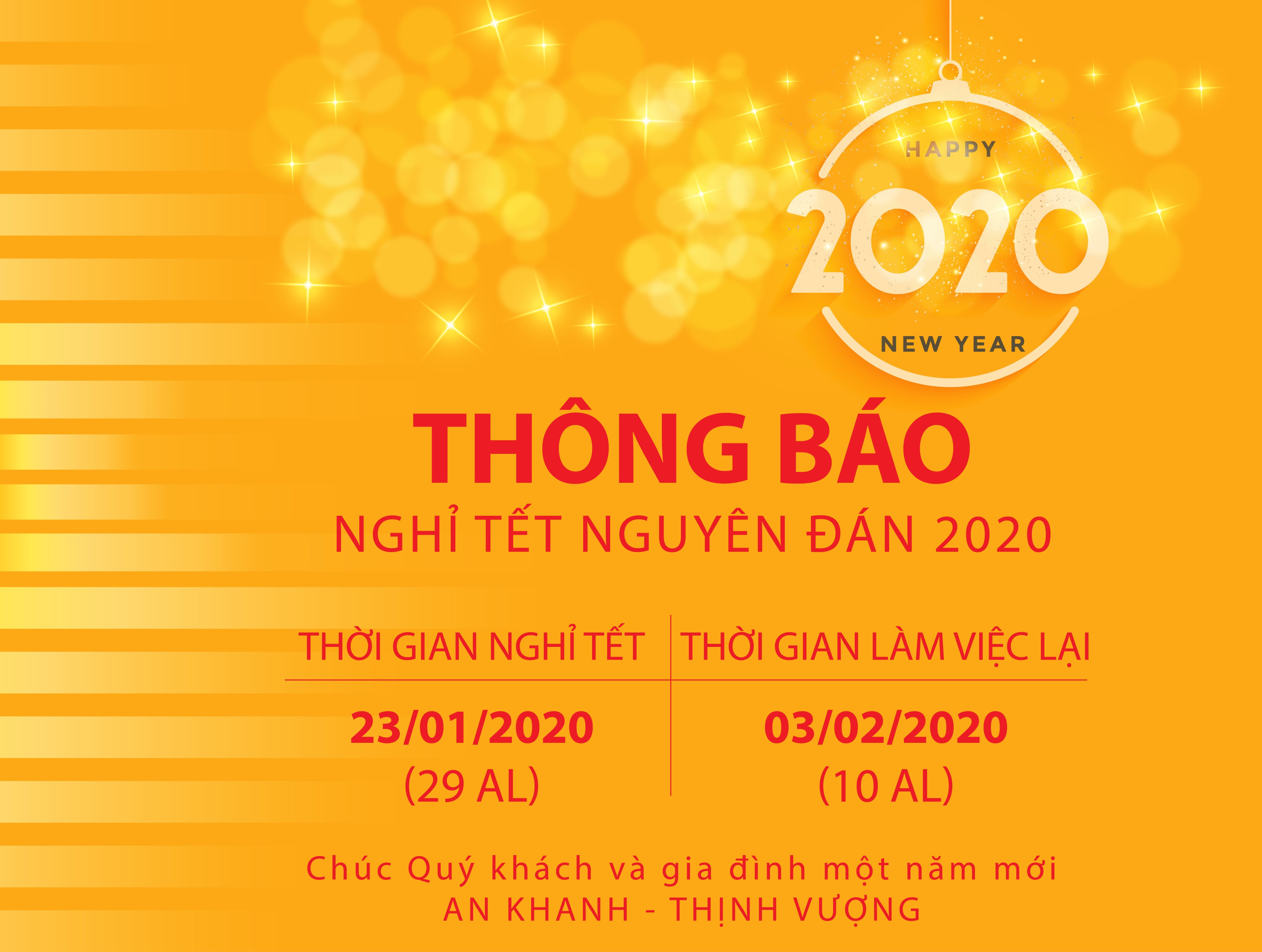 THÔNG BÁO LỊCH NGHỈ TẾT NGUYÊN ĐÁN CANH TÝ 2020